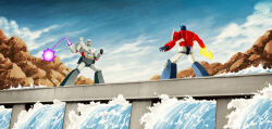  absurdres axe battle_axe cloud cloudy_sky commentary dam energy_axe energy_mace energy_weapon english_commentary highres mace matt_ferguson megatron mountainous_horizon optimus_prime outdoors robot rock sky spiked_mace spikes standing tagme transformers transformers:_generation_1 water weapon 