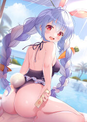  1girl animal_ear_fluff animal_ears ass backless_swimsuit bare_arms bare_legs bare_shoulders barefoot blue_hair blue_one-piece_swimsuit blue_sky blurry blurry_background blush bow braid breasts carrot carrot_hair_ornament casual_one-piece_swimsuit cloud cloudy_sky commentary_request day extra_ears food-themed_hair_ornament frilled_one-piece_swimsuit frills from_behind hair_bow hair_ornament halterneck highres holding hololive long_hair looking_at_viewer looking_back lotion median_furrow medium_breasts mikeou multicolored_hair one-piece_swimsuit open_mouth orange_eyes outdoors palm_tree poolside rabbit_ears rabbit_girl rabbit_tail short_eyebrows sidelocks sitting sky smile solo sunlight sunscreen swimsuit tail teeth thick_eyebrows tree twin_braids two-tone_hair upper_teeth_only usada_pekora very_long_hair virtual_youtuber wariza water white_bow white_hair  rating:Sensitive score:52 user:danbooru