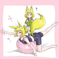  2girls ? absurdres animal_ears backpack bag ball bare_arms bare_shoulders barefoot bike_shorts blonde_hair blush breasts child cleavage commentary_request doitsuken exercise_ball fang fang_out fox_ears fox_tail green_eyes green_legwear highres jewelry looking_at_another medium_breasts mother_and_daughter multiple_girls original pink_eyes plantar_flexion reaching ring school_uniform short_hair skirt socks standing stretched_limb stretching tail tank_top trembling wedding_band white_background white_skirt  rating:Sensitive score:4 user:danbooru