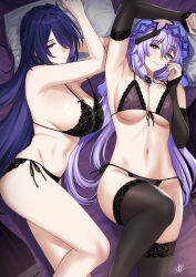  2girls acheron_(honkai:_star_rail) alternate_breast_size arm_up armpit_crease armpits bare_legs black_bra black_panties black_sleeves black_swan_(honkai:_star_rail) black_thighhighs bra breasts cleavage closed_mouth commentary english_commentary feet_out_of_frame from_above front-tie_bra groin hair_between_eyes hair_ornament hair_over_one_eye hand_up highres honkai:_star_rail honkai_(series) huge_breasts knee_up lace lace-trimmed_bra lace-trimmed_panties lace-trimmed_sleeves lace-trimmed_thighhighs lace_bra lace_panties lace_trim lingerie long_hair looking_at_viewer lying multicolored_hair multiple_girls nail_polish navel on_back on_bed on_side panties pillow purple_bra purple_eyes purple_hair purple_nails purple_panties purple_veil side-tie_panties signature smile stomach streaked_hair thighhighs underwear very_long_hair xter 