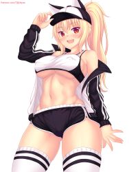 1girl animal_ears animal_hat baseball_cap blonde_hair blush breasts cat_ears covered_erect_nipples fang gluteal_fold hat highres jacket large_breasts long_hair looking_at_viewer navel nottytiffy open_clothes open_jacket open_mouth original red_eyes shorts slit_pupils solo sports_bra thighhighs tiffy_(nottytiffy) track_jacket underboob white_background white_thighhighs rating:Sensitive score:55 user:danbooru