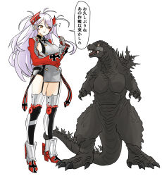  1girl alternate_size antenna_hair azur_lane black_leotard boots breasts commentary cross cross_earrings detached_sleeves dress earrings flag_print full_body giant giant_monster godzilla godzilla_(series) godzilla_minus_one grey_dress grey_hair hair_between_eyes headgear highres ibuki_(tulta_icon) iron_blood_(emblem) iron_cross jewelry large_breasts leotard long_hair looking_at_viewer mole mole_on_breast multicolored_hair operation_crossroads prinz_eugen_(azur_lane) red_hair sideboob smile speech_bubble spines streaked_hair thigh_boots toho translated two_side_up underboob very_long_hair very_long_tail white_hair 