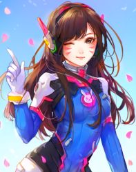  1girl animal_print arm_at_side bad_id bad_youtube_id black_eyes blue_background blue_bodysuit blush bodysuit breasts brown_hair cherry_blossoms closed_mouth d.va_(overwatch) facepaint facial_mark gloves gradient_background headset long_hair looking_at_viewer medium_breasts one_eye_closed overwatch overwatch_1 petals pointing pointing_up rabbit_print ribbed_bodysuit ruuto-kun screen smile solo speedpaint swept_bangs upper_body whisker_markings white_gloves 