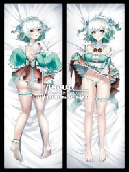 1girl ass barefoot bed_sheet blue_eyes blush bow breasts clothes_lift dakimakura_(medium) detached_sleeves dress from_above full_body ghost ghost_girl ghost_hair_ornament gradient_hair green_dress green_hair hair_ornament highres indie_virtual_youtuber looking_at_viewer looking_back luwudco lying maid maid_headdress mint_fantome multicolored_hair multiple_views navel no_shoes on_back on_stomach open_mouth panties panty_pull sample_watermark shiny_skin skirt skirt_lift sleeves_past_fingers sleeves_past_wrists smile triangular_headpiece two_side_up underwear virtual_youtuber watermark white_hair white_panties x_hair_ornament 