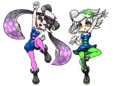  2girls :d ^_^ ankle_boots arm_up black_hair black_shorts blue_dress blue_jumpsuit boots bow-shaped_hair breasts callie_(splatoon) cleavage closed_eyes cousins covered_navel cross-shaped_pupils detached_collar dress earrings fangs food food_on_head gloves green_hair green_pantyhose highres inkling jewelry jumpsuit koharu2.5 leg_up long_hair marie_(splatoon) medium_breasts mole mole_under_eye multiple_girls nintendo object_on_head open_mouth pantyhose pink_pantyhose pointy_ears purple_hair red_pupils short_dress short_eyebrows short_hair short_jumpsuit shorts shorts_under_dress simple_background smile splatoon_(series) splatoon_1 symbol-shaped_pupils teeth tentacle_hair very_long_hair white_background white_gloves 