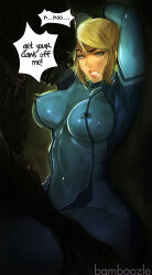  1girl 1other alien alien_(1979) artist_name bamboozle blonde_hair blue_eyes breasts claws clenched_teeth covered_erect_nipples crossover english_text highres huge_breasts large_breasts medium_hair metroid metroid:_zero_mission navel nintendo nipples perky_breasts samus_aran speech_bubble teeth text_focus xenomorph zero_suit  rating:Questionable score:44 user:St._Araqiel