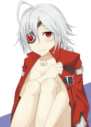  1girl ahoge blazblue blush braid breasts cleavage closed_mouth collarbone esuto eyebrows eyepatch female_focus grey_hair hair_between_eyes highres jacket knees_up legs_together long_braid long_hair looking_at_viewer medium_breasts nu-13 red_eyes red_jacket shiny_skin simple_background single_braid sitting smile solo tattoo very_long_hair white_background  rating:Questionable score:3 user:icebeam13