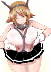10s 1girl are_(arearee) bare_shoulders breasts brown_hair cleavage cum highres huge_breasts kantai_collection miniskirt mutsu_(kancolle) paizuri short_hair skirt smile solo yellow_eyes rating:Explicit score:50 user:danbooru