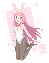  1girl :d animal_ear_hairband animal_ears bare_arms bare_shoulders black_eyes black_pantyhose bow bowtie breasts covered_navel detached_collar fake_animal_ears full_body hairband highres leotard light_blush long_hair looking_at_viewer medium_breasts no_shoes open_mouth original pantyhose pink_hair playboy_bunny rabbit_ears rabbit_tail red_bow red_bowtie saiste simple_background smile solo tail very_long_hair white_leotard wrist_cuffs 