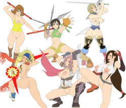  00s 10s 1990s_(style) 6+girls angry anus arched_back arm_support arm_up armpits arms_up ashelia_b&#039;nargin_dalmasca ass back bandana bare_shoulders belt bikini bikini_pull bikini_top_only black_eyes black_hair black_legwear blonde_hair blue_eyes blue_gloves boots bottomless braid breastless_clothes breasts breasts_out brown_hair cleavage cleft_of_venus clenched_hands clothes_pull collarbone covered_erect_nipples elbow_gloves embarrassed enix female_focus fighting fighting_stance final_fantasy final_fantasy_vii final_fantasy_viii final_fantasy_x final_fantasy_x-2 final_fantasy_xii final_fantasy_xiii fingerless_gloves fishnet_gloves fishnets flat_chest foreshortening gloves green_eyes groin hair_between_eyes highres hip_focus holding impossible_clothes impossible_shirt knee_boots knees large_areolae large_breasts leg_lift leg_up legs lightning_farron long_hair looking_at_viewer looking_back midriff mosukko multiple_girls navel nippleless_clothes nipples no_bra no_panties nunchaku open_clothes open_hand open_mouth orange_gloves outstretched_arm pink_hair pussy red_gloves retro_artstyle rikku_(ff10) scarf selphie_tilmitt serious shirt shirt_pull shoes short_hair shuriken sideboob simple_background single_elbow_glove small_breasts spread_legs square_enix squatting standing standing_on_one_leg star_(symbol) suspenders sweat swimsuit teeth thighhighs thighs tifa_lockhart topless uncensored weapon white_background white_shirt wide_hips yellow_bikini yuffie_kisaragi 