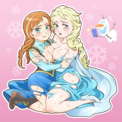 2girls anna_(frozen) bad_id bad_pixiv_id blonde_hair blue_eyes boots braid breast_press breasts brown_hair cellphone commentary_request doboshiru dress elsa_(frozen) freckles frozen_(disney) high_heels imminent_rape incest interlocked_breasts kneeling large_breasts looking_at_viewer medium_breasts melting multiple_girls nipples olaf_(frozen) open_mouth outline parted_lips phone pink_background siblings sisters smartphone snowflakes snowman sweat symmetrical_docking tears torn_clothes twin_braids rating:Explicit score:47 user:danbooru