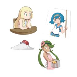  1boy 3girls apron ash_ketchum bare_shoulders blue_eyes cooking_pot creatures_(company) dust fishing_rod flower game_freak gloves green_eyes green_hair hair_flower hair_ornament hat highres julian0223 lana_(pokemon) lillie_(pokemon) long_hair mallow_(pokemon) multiple_girls nintendo pokemon pokemon_(anime) pokemon_sm_(anime) short_hair shorts sleeveless twintails white_background  rating:General score:11 user:zombiespacial