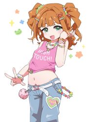  1girl :d belt blush bracelet breasts cowboy_shot denim furrowed_brow green_eyes groin hair_ornament hair_tie hairpin hand_in_own_hair highres idolmaster idolmaster_(classic) idolmaster_million_live! idolmaster_million_live!_theater_days jeans jewelry looking_at_viewer navel necklace official_alternate_costume ohgi910 open_mouth orange_hair pants pink_shirt shirt short_hair sidelocks simple_background sleeveless small_breasts smile solo standing star_ornament takatsuki_yayoi twintails two_side_up v wavy_hair white_background white_belt 
