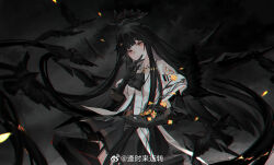  1girl absurdly_long_hair animal antenna_hair arknights artist_name ascot belt belt_buckle bird black_ascot black_belt black_garter_straps black_gloves black_hair black_halo black_skirt black_thighhighs black_wings blunt_bangs blurry blurry_background blurry_foreground breasts broken_halo buckle bustier buttons chinese_commentary chromatic_aberration closed_mouth cloud coat collared_coat colored_inner_hair commentary_request crow dark_halo depth_of_field detached_wings energy_wings eyelashes feet_out_of_frame floating_hair flower from_side garter_straps gloves grey_eyes grey_hair grey_shirt halo hand_to_own_mouth hand_up head_down highres hime_cut holding holding_flower lace lace-trimmed_skirt lace_trim layered_clothes layered_sleeves light_smile lips long_hair long_sleeves looking_at_viewer looking_to_the_side miniskirt multicolored_hair outdoors overcast pale_skin pleated_skirt shirt short_over_long_sleeves short_sleeves sidelocks skirt sky small_breasts solo standing straight_hair strap tailcoat thighhighs till-valhalla two-tone_hair untucked_shirt very_long_hair virtuosa_(arknights) watermark weibo_logo weibo_watermark white_coat wide_sleeves wing_collar wings yellow_flower yellow_pupils zettai_ryouiki 