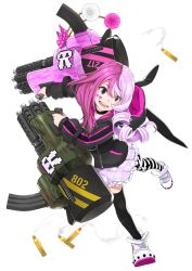 #compass 1girl absurdres animal_hood arm_up asymmetrical_hair asymmetrical_legwear black_choker black_jacket black_thighhighs bow chain choker drill_hair dual_wielding facial_mark female_focus finger_on_trigger flat_chest frilled_skirt frills gatling_gun grey_eyes gun hand_up happy heart highres holding holding_gun holding_weapon hood hood_down hooded_jacket jacket leaning_forward leg_up long_sleeves megumegu miniskirt mismatched_legwear multicolored_hair official_art open_mouth outstretched_arm pink_bow pink_hair pink_shirt poaro pocket polka_dot polka_dot_bow pom_pom_(clothes) purple_hair purple_skirt second-party_source shell_casing shirt shoes sidelocks simple_background skirt smile smoke sneakers solo split-color_hair standing standing_on_one_leg striped_clothes striped_thighhighs swept_bangs teeth thighhighs transparent_background two-tone_hair weapon white_footwear zipper