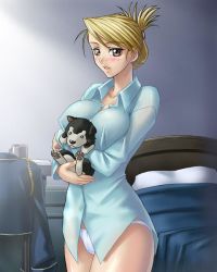 00s 1girl bed black_hayate blonde_hair blush bottomless breasts cup dog earrings folded_ponytail fullmetal_alchemist holding jewelry kagami_hirotaka large_breasts looking_at_viewer nightshirt no_pants panties parted_lips pet puppy riza_hawkeye shiba_inu solo underwear white_panties yellow_eyes  rating:Questionable score:65 user:danbooru