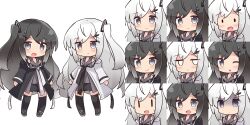  2girls :d ;o allial_(coefont) black_footwear black_hair black_jacket black_shorts blank_eyes blush boots chibi closed_mouth coefont collared_shirt commentary_request fang grey_eyes grey_hair grey_shirt hair_ornament hairclip highres jacket jitome long_hair long_sleeves millial_(coefont) multiple_girls multiple_views one_eye_closed one_side_up open_mouth parted_lips ryogo shirt shorts sleeveless sleeveless_shirt small_sweatdrop smile solid_oval_eyes sweat thigh_boots turn_pale v-shaped_eyebrows very_long_hair white_background white_jacket |_| 
