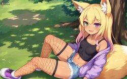  against_tree ai-assisted animal_ears black_shirt blonde_hair breasts cutoffs denim denim_shorts fang fishnet_thighhighs fishnets fluffy fox fox_ears fox_girl fox_tail gradient_hair green_eyes heterochromia highres jacket lity_(pixelkebab) loli long_hair looking_at_viewer messy_hair monster_girl multicolored_hair navel on_ground open_mouth oversized_clothes park pink_eyes pink_hair protokebab purple_eyes purple_jacket shirt shoes shorts sitting slit_pupils small_breasts smile sneakers tail tan tank_top thick_eyebrows thighhighs tree under_tree  rating:Sensitive score:77 user:KebabLord666