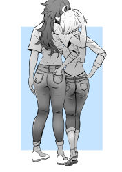  2girls absurdres ahoge blue_background border couple from_behind gundam gundam_suisei_no_majo hand_in_another&#039;s_pocket hand_on_another&#039;s_head highres long_hair midriff miorine_rembran monochrome multiple_girls official_alternate_hair_length official_alternate_hairstyle pants sandals shirt short_hair shourai simple_background suletta_mercury t-shirt white_border yuri 