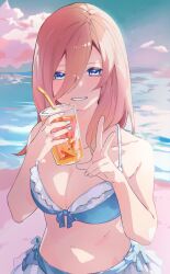1girl bare_shoulders beach bikini blue_bikini blue_eyes breasts cleavage clenched_teeth cup disposable_cup drink front-tie_bikini_top front-tie_top go-toubun_no_hanayome hair_between_eyes hands_up highres holding holding_drink large_breasts long_hair looking_at_viewer nakano_miku ocean outdoors red_hair side-tie_bikini_bottom sky smile solo swimsuit teeth v valentine_(02140314c) rating:Sensitive score:6 user:danbooru