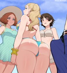 1boy 3girls afrobull amamiya_ren ass bikini blonde_hair blue_bikini blue_dress blue_eyes blue_sky blush braid breasts brown_eyes brown_hair bulge closed_mouth commentary crown_braid day dress english_commentary erection erection_under_clothes from_below front-tie_bikini_top front-tie_top hair_ornament hairclip hat highres looking_at_penis looking_down medium_breasts medium_hair multiple_girls niijima_makoto okumura_haru open_mouth outdoors patreon_username persona persona_5 polka_dot polka_dot_dress red_eyes short_dress sky smile standing sun_hat sweat swimsuit takamaki_anne twintails white_bikini wide-eyed wristband rating:Questionable score:947 user:danbooru