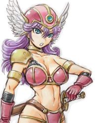1girl amania_orz armor asymmetrical_clothes bikini_armor blue_eyes breasts cleavage dragon_quest dragon_quest_iii female_focus large_breasts long_hair midriff navel open_mouth purple_hair serious soldier_(dq3) solo square_enix sword weapon white_background rating:Sensitive score:19 user:fakyuh