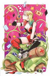  1girl blonde_hair blue_hair breasts dc_comics fingerless_gloves gloves gradient_hair green_eyes harley_quinn harley_quinn_(series) highres lipstick makeup mallet multicolored_clothes multicolored_hair multicolored_shorts plant playing_card_theme red_hair sao_(saowee) shoes short_shorts shorts sneakers solo thighhighs two_side_up vines  rating:Sensitive score:12 user:danbooru