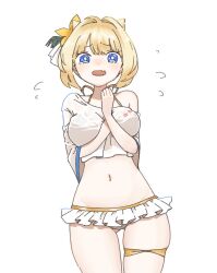  1girl bikini blonde_hair blue_eyes blush breasts brown_dust_2 crying crying_with_eyes_open demon_horns eyebrows_hidden_by_hair fang feet_out_of_frame flying_sweatdrops frilled_bikini frills gluteal_fold hair_between_eyes hair_ornament hand_on_own_chest horns jacket justia_(pool_party)_(brown_dust) large_breasts lipstick_mark looking_at_viewer mofffmoth navel simple_background skin_fang skindentation small_horns solo stomach swimsuit tears thigh_strap white_background white_bikini white_jacket 