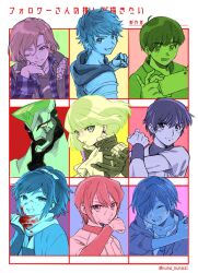  6+boys a3! ace_of_diamond ahoge armor ascot beckoning belt belt_buckle belt_collar black_belt black_gloves black_hoodie black_jacket black_shirt black_sleeves black_vest blonde_hair blood blood_on_clothes blood_on_face blue_hair blue_jacket blue_necktie blunt_bangs bow buckle cellphone character_request clenched_hand collar collarbone collared_jacket collared_shirt commentary_request copyright_request earrings empty_eyes frilled_collar frills gauntlets gloves gran_(granblue_fantasy) granblue_fantasy green_hair green_shirt hair_between_eyes hair_bow hair_over_one_eye hand_on_own_cheek hand_on_own_face haori high_collar high_ponytail highres holding holding_phone hood hood_down hoodie jacket japanese_clothes jewelry kimono kominato_haruichi kuji_toi layered_sleeves lio_fotia long_hair long_sleeves looking_at_viewer lower_teeth_only major male_focus multiple_boys multiple_drawing_challenge necktie no+bi= one_eye_closed open_clothes open_jacket open_mouth open_vest outstretched_hand palms parted_lips pauldrons phichit_chulanont phone pink_eyes plaid plaid_jacket plaid_sleeves promare purple_eyes purple_jacket purple_sleeves purple_wristband red_hair red_shirt red_sleeves robot sarazanmai scarf settsu_banri shirt short_hair short_over_long_sleeves short_sleeves shoulder_armor sleeves_past_wrists smartphone smile stretching sweat t-shirt taking_picture teeth tiger_&amp;_bunny touken_ranbu upper_body upper_teeth_only vest white_ascot white_bow white_kimono white_scarf white_shirt white_sleeves wild_tiger wiping_sweat yamato-no-kami_yasusada yuri!!!_on_ice 