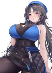  1girl absurdres arm_strap artist_name bare_shoulders black_bow black_collar black_eyes black_gloves black_hair black_pantyhose black_skirt blue_beret blue_shirt bow breasts cleavage closed_mouth collar cowboy_shot drawing_sword eyeliner gloves hair_bow hair_intakes high-waist_skirt highres holding holding_sheath holding_sword holding_weapon large_breasts layered_shirt long_hair makeup multicolored_hair pantyhose parted_bangs red_eyeliner scabbard sheath shirt sideboob sidelocks simple_background single_glove skirt solo streaked_hair sword tacet_mark_(wuthering_waves) very_long_hair weapon white_background wuthering_waves yangyang_(wuthering_waves) yuuki_shuri 