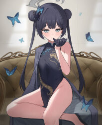 1girl absurdres bare_legs biting black_hair blue_archive blue_butterfly breasts bug butterfly butterfly_hair_ornament china_dress chinese_clothes coat couch double_bun dress glove_biting gloves grey_eyes hair_bun hair_ornament halo hand_up highres insect kisaki_(blue_archive) looking_at_viewer nano_(nandemo_note31) off_shoulder pelvic_curtain side_slit single_bare_shoulder sitting small_breasts solo thighs trench_coat twintails rating:Sensitive score:22 user:danbooru