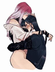 2girls bandaged_hand bandages between_breasts black_bandages black_bra black_gloves black_hair black_jacket blush bottomless bra breasts commentary earrings elbow_gloves english_commentary gloves gradient_hair grey_hair hand_on_another&#039;s_head head_between_breasts highres hug jacket jewelry lemons_on_sticks long_hair medium_breasts multicolored_hair multiple_girls path_to_nowhere pink_hair rahu_(path_to_nowhere) shalom_(path_to_nowhere) simple_background sitting sitting_on_lap sitting_on_person underwear white_background yuri