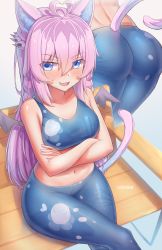 1girl absurdres ahoge animal_ears artist_name ass ass_focus bare_shoulders blue_eyes blush breasts cat_ears cat_girl cat_tail collarbone crossed_arms highres hungrydurp indie_virtual_youtuber crossed_legs long_hair medium_breasts nail_polish pants pink_hair snuffy_(vtuber) solo sports_bra sweat tail thighs virtual_youtuber yoga_pants rating:Questionable score:76 user:JustHere4Butts