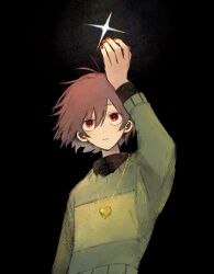  1other arm_up brown_hair chara_(undertale) heart heart_necklace highres jewelry long_sleeves looking_up nail_polish necklace red_eyes solo sweater takenaka_(takenaka1111) undertale 