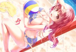  1girl :d ass beach beach_volleyball between_breasts bikini blue_bikini blush breast_press breasts brown_eyes brown_hair butt_crack cleavage unworn_clothes commentary_request deep_skin dutch_angle etsunami_kumita feet_out_of_frame from_side halterneck harukana_receive highres large_breasts long_hair looking_at_viewer low-tied_long_hair o-ring o-ring_bikini o-ring_bottom oozora_haruka_(harukana_receive) open_mouth sand skindentation smile solo strap_gap swimsuit volleyball_net water 