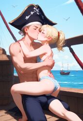 ai-assisted ai-generated bikini bird blonde_hair boat bulge bulge_press bulges_touching child closed_eyes day hat kiss ocean on_top_partner pirate pirate_hat ponytail sexually_suggestive shota swimsuit trap watercraft 