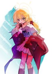  1girl blonde_hair blue_archive blush brown_eyes hair_between_eyes hair_ribbon halo highres jacket long_hair long_sleeves looking_at_viewer low_twintails mayora open_clothes open_jacket open_mouth pink_skirt red_jacket red_ribbon ribbon shirt signature simple_background skirt solo sparkle sweat t-shirt twintails white_shirt yoshimi_(band)_(blue_archive) yoshimi_(blue_archive) 