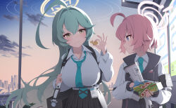  2girls absurdres ahoge black_skirt black_vest blue_archive blue_eyes blue_necktie blush breasts closed_mouth collared_shirt dong_ji flat_chest food green_hair hair_between_eyes highres holding holding_food hoshino_(blue_archive) hoshino_(young)_(blue_archive) huge_ahoge huge_breasts long_hair long_sleeves multiple_girls necktie outdoors pink_hair pleated_skirt shirt short_hair skirt smile vest white_shirt yellow_eyes yume_(blue_archive) 