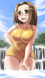 00s 1girl bad_id bad_pixiv_id breasts brown_eyes brown_hair cameltoe glasses kamichu! large_breasts one-piece_swimsuit school_swimsuit shijou_mitsue short_hair solo submerged swimsuit thigh_gap thighs tonpuu wading water rating:Questionable score:23 user:danbooru