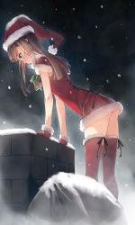  1girl ass blue_eyes blush bow breasts breath brown_hair chimney christmas colored_eyelashes commentary_request dress gloves hat highres long_hair looking_down murakami_suigun original outdoors red_dress red_thighhighs revision sack santa_costume santa_hat sky small_breasts snow solo tears thighhighs  rating:Sensitive score:36 user:danbooru