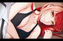  1girl black_border black_bra border bra breasts chainsaw_man cleavage closed_mouth collarbone commentary_request hajemashita_atm highres letterboxed light_smile long_hair looking_at_viewer makima_(chainsaw_man) medium_breasts orange_eyes partial_commentary red_hair solo straight_hair underwear upper_body  rating:Sensitive score:13 user:danbooru