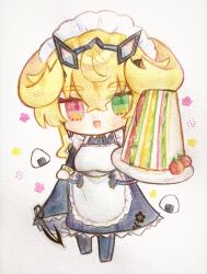  1girl :d apron barghest_(fate) barghest_(swimsuit_archer)_(fate) barghest_(swimsuit_archer)_(second_ascension)_(fate) black_dress black_footwear blonde_hair boots cherry_tomato chibi collared_dress colored_pencil_(medium) crossed_bangs dress fate/grand_order fate_(series) flower food frilled_apron frilled_dress frills full_body green_eyes hair_between_eyes heterochromia highres holding holding_plate long_sleeves looking_at_viewer maid maid_apron maid_headdress medium_hair noa_pisces onigiri open_mouth oversized_food oversized_object pink_eyes plate sandwich sidelocks simple_background skirt_hold smile solo standing tomato traditional_media white_apron white_background wing_collar 