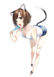 1girl animal_ears breasts brown_eyes brown_hair cat_ears cat_tail cleavage fang food holding leaning_forward medium_breasts open_mouth original popsicle sandals short_hair short_shorts shorts solo tail tank_top unowen rating:Sensitive score:31 user:danbooru