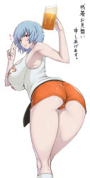  1girl absurdres alcohol alternate_breast_size ao_madoushi ass ayanami_rei beer blue_hair breasts employee_uniform heart highres hooters huge_breasts impossible_clothes impossible_shirt looking_at_viewer neon_genesis_evangelion no_legwear red_eyes shirt short_hair short_shorts shorts smile solo thighs translated uniform v zanshomimai  rating:Sensitive score:184 user:danbooru