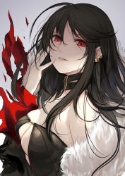  1girl absurdres bba1985 bell black_hair breasts choker ear_piercing fate/grand_order fate_(series) fur_collar fur_trim grey_background hair_between_eyes highres jingle_bell large_breasts long_hair looking_at_viewer parted_lips piercing red_eyes signature simple_background solo standing upper_body yu_mei-ren_(fate) 