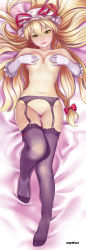  1girl absurdres bed_sheet blonde_hair breasts censored covering_privates covering_breasts dakimakura_(medium) elbow_gloves face feet female_focus frilled_gloves frills full_body garter_belt garter_straps geister gloves hat highres lips long_hair long_image looking_at_viewer lying navel non-web_source nude on_back solo tall_image thighhighs touhou white_gloves yakumo_yukari yellow_eyes  rating:Questionable score:82 user:danbooru
