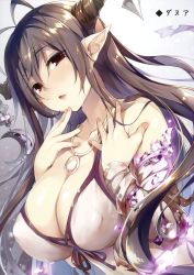 1girl absurdres bandaged_arm bandages bare_shoulders blush breasts brown_hair chiyingzai cleavage covered_erect_nipples danua draph finger_to_own_chin glowing granblue_fantasy grey_background hair_between_eyes highres horns jewelry large_breasts long_hair looking_at_viewer necklace open_mouth pointy_ears red_eyes simple_background solo upper_body very_long_hair rating:Questionable score:13 user:danbooru