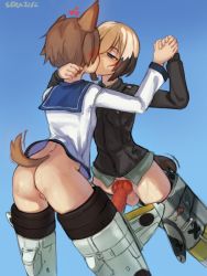 2girls animal_penis dog_girl dog_penis erica_hartmann flying futa_with_female futanari highres holding_hands kiss knotted_penis miyafuji_yoshika multiple_girls penis pussy seraziel strike_witches tagme testicles world_witches_series  rating:Explicit score:145 user:Darkwolftech