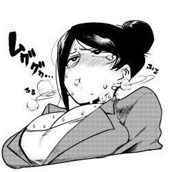  1girl asymmetrical_bangs bijin_onna_joushi_takizawa-san black_eyes black_hair blush breasts closed_mouth earrings female_focus huffing japanese_text jewelry large_breasts long_bangs looking_to_the_side mole mole_under_mouth monochrome motion_lines office_lady parted_bangs pouting sagging_breasts simple_background solo solo_focus sweat sweatdrop takizawa_kyouko tearing_up upper_body white_background yan-baru 