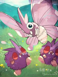  animal_focus antennae bug commentary_request compound_eyes creatures_(company) evolutionary_line game_freak gen_1_pokemon grass hanabusaoekaki highres insect moth mountain nintendo no_humans outdoors pokemon pokemon_(creature) red_eyes venomoth venonat wings 